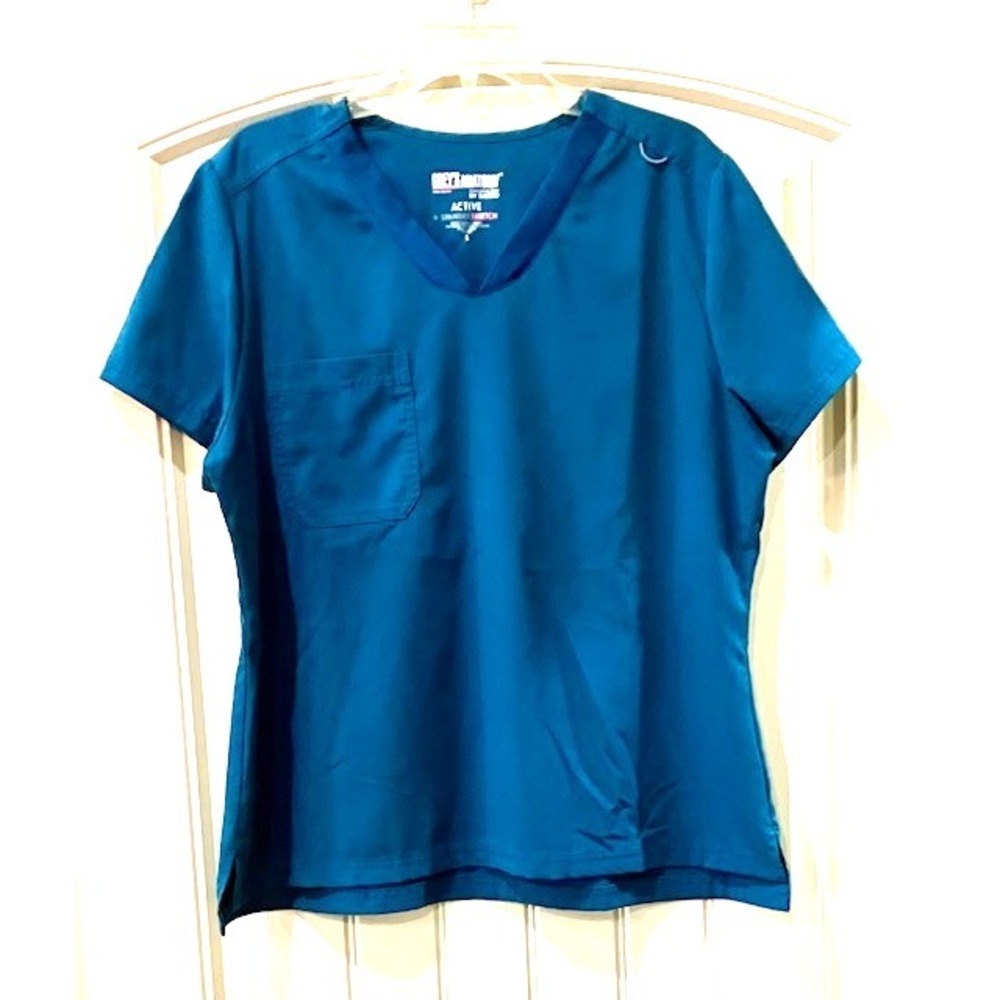 Grey's Anatomy Active Spandex Stretch Scrub Top Teal Blue V-Neck Size Large